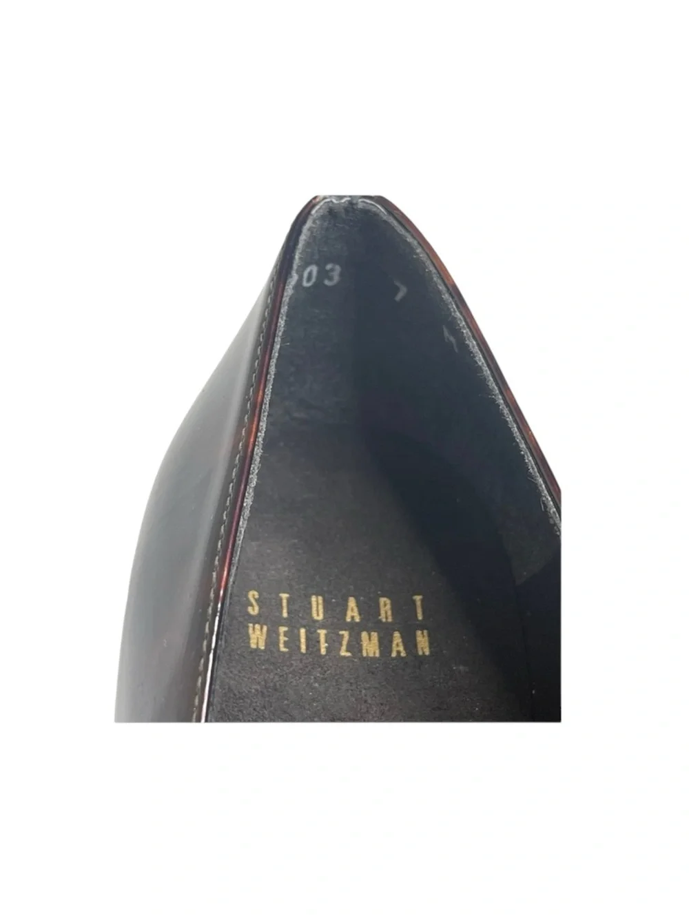 new Stuart Weitzman ᪥ Nusimple Patent Demi Wedge Heel Loafer ᪥ Cognac Tortoise 7